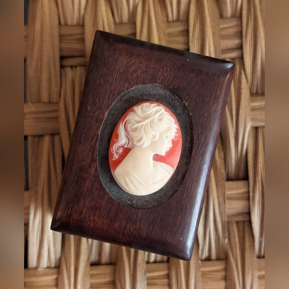 Vintage Wood Cameo Trinket Box with Coral Cameo